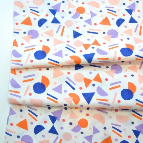 Popelín de algodón geométrico Tela de algodón estampada geométrica Tela estampada multicolor Tela para vestidos de verano Tela para patchwork geométrico Tela OEKO-TEX® STANDARD 100 tela de formas geométricas.
