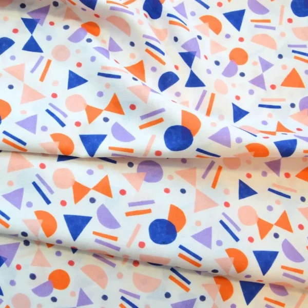 Popelín de algodón geométrico Tela de algodón estampada geométrica Tela estampada multicolor Tela para vestidos de verano Tela para patchwork geométrico Tela OEKO-TEX® STANDARD 100 tela de formas geométricas.