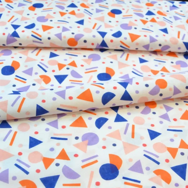 Popelín de algodón geométrico Tela de algodón estampada geométrica Tela estampada multicolor Tela para vestidos de verano Tela para patchwork geométrico Tela OEKO-TEX® STANDARD 100 tela de formas geométricas.
