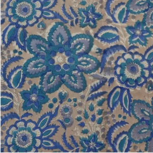 tela algodón block print tela block print india tela estampada a mano tela flores azules blanco marrón tela artesanal algodón comprar tela block print tela para prendas frescas tela para decoración tela india artesanal tela algodón 100% estampada