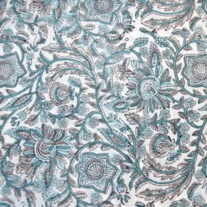 tela algodón block print turquesa gris tela india block print floral tela estampada a mano turquesa tela algodón para vestidos frescos tela para blusas ligeras tela decoración block print algodón estampado artesanal tela floral turquesa gris tejido block print para costura
