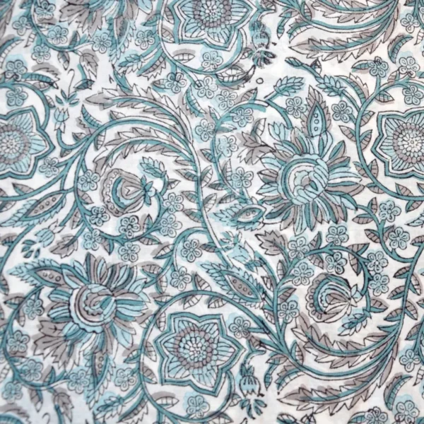 tela algodón block print turquesa gris tela india block print floral tela estampada a mano turquesa tela algodón para vestidos frescos tela para blusas ligeras tela decoración block print algodón estampado artesanal tela floral turquesa gris tejido block print para costura