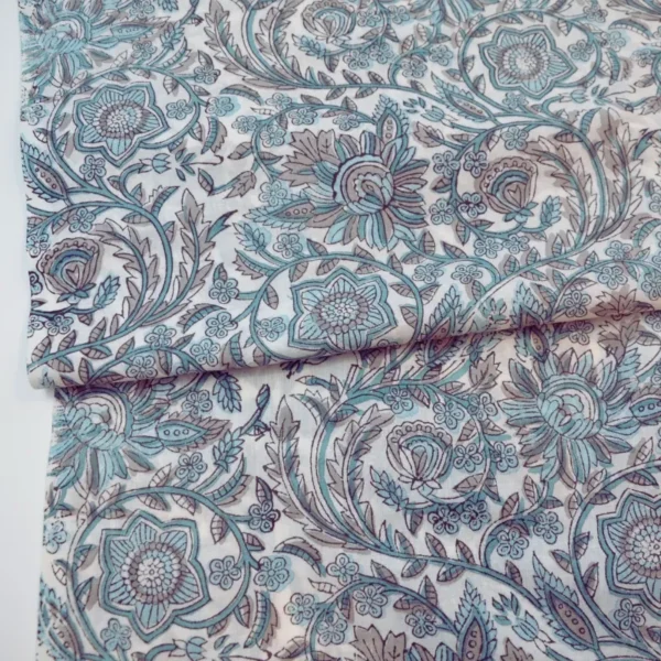 tela algodón block print turquesa gris tela india block print floral tela estampada a mano turquesa tela algodón para vestidos frescos tela para blusas ligeras tela decoración block print algodón estampado artesanal tela floral turquesa gris tejido block print para costura