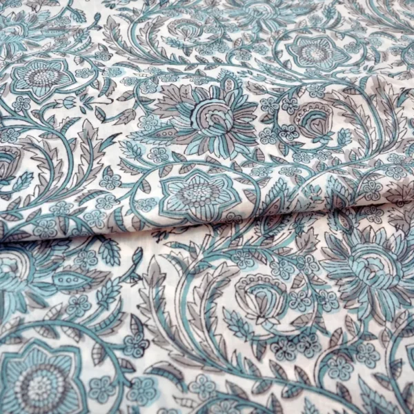 tela algodón block print turquesa gris tela india block print floral tela estampada a mano turquesa tela algodón para vestidos frescos tela para blusas ligeras tela decoración block print algodón estampado artesanal tela floral turquesa gris tejido block print para costura