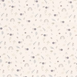 Punto de camiseta caracoles, arcoiris y plantas blanco roto