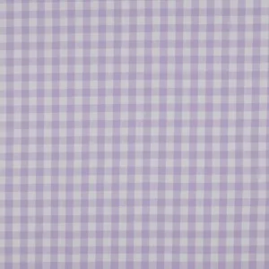Tela de popelín de algodón 100% con estampado vichy en cuadros blancos y lila claro de 1 cm extendida.