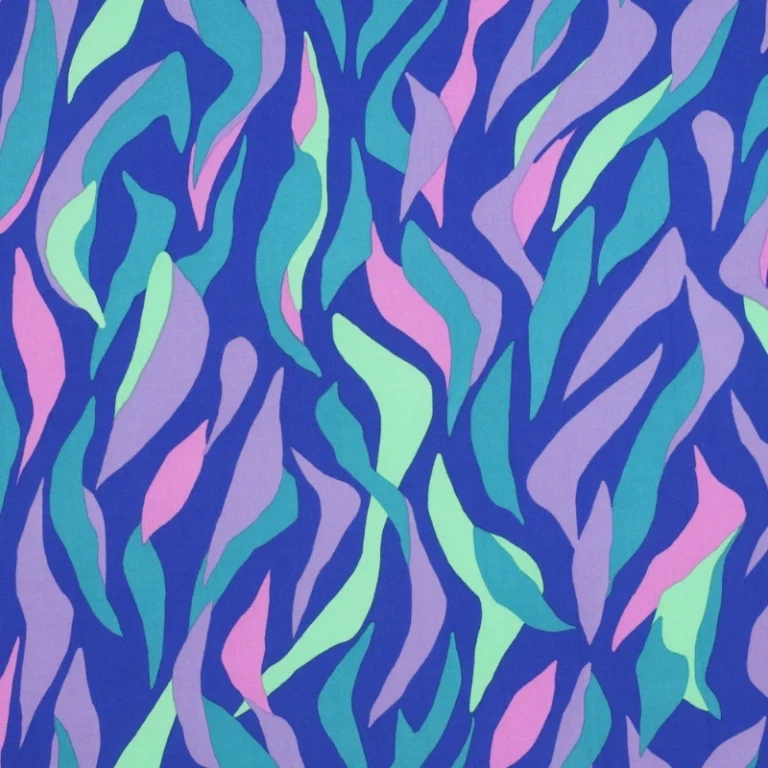 tela de viscosa 100 % Ecovero™ extendida, mostrando un estampado abstracto orgánico en tonos menta, aguamarina, malva y rosa sobre fondo azul cobalto.