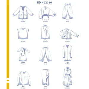 Resumen visual de la revista Fibre Mood 40 con los dibujos técnicos y esquemas de los 12 patrones de costura incluidos en esta edición, como pantalones, vestidos y blusas.